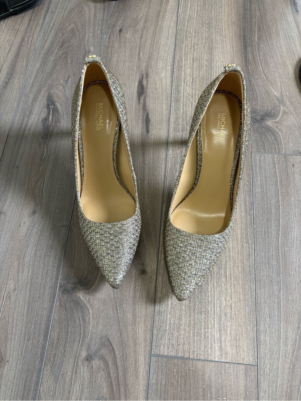 MICHAEL Michael Kors Gold Glitter Pointed-Toe Pumps with Rhinestone Texture